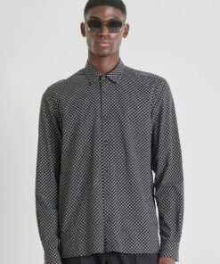 CAMISA REGULAR STRAIGHT FIT «BARCELONA» EN MEZCLA DE ALGODÓN CON ESTAMPADO DE LUNARES